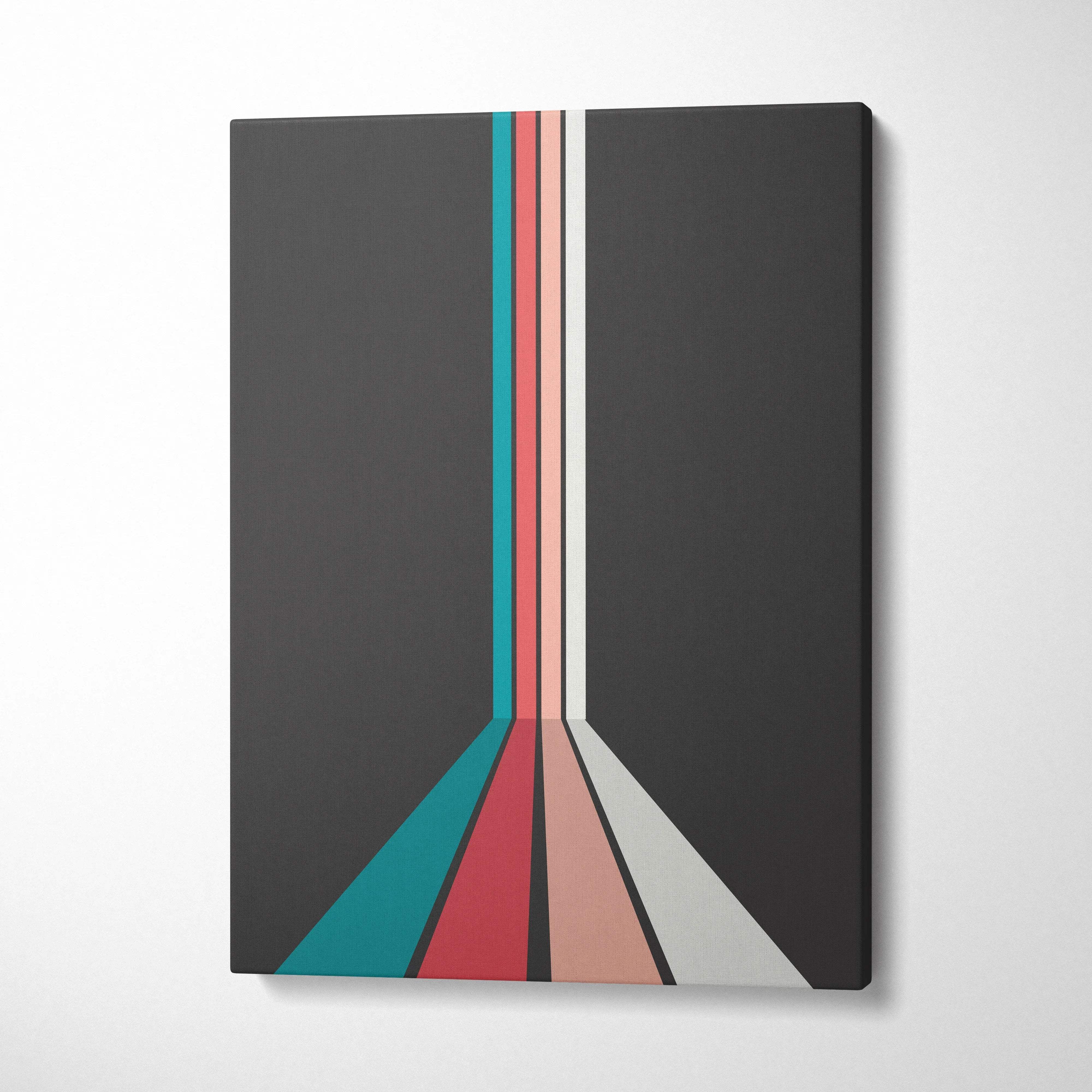 Retro geometric stripes converging in perspective canvas wall art in teal coral pink cream on charcoal