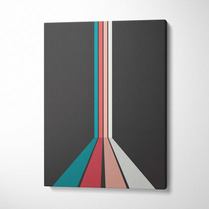Retro geometric stripes converging in perspective canvas wall art in teal coral pink cream on charcoal