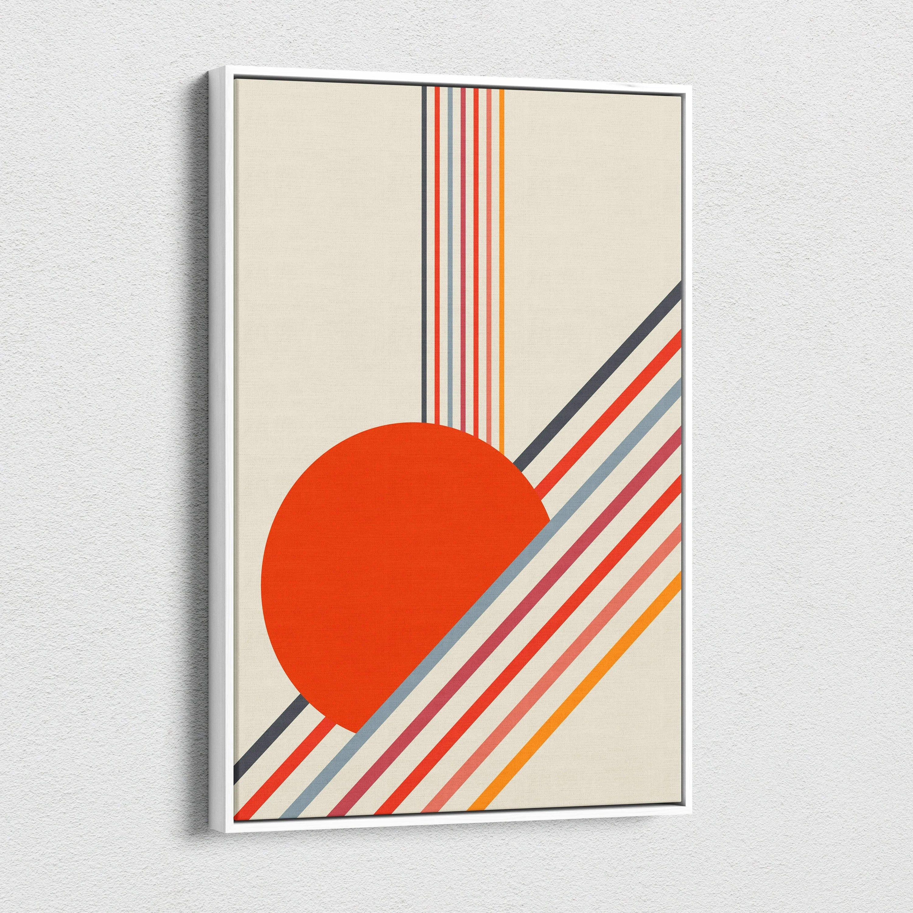 Retro geometric sun minimalist abstract art with bold diagonal stripes in red orange coral neutrals on canvas