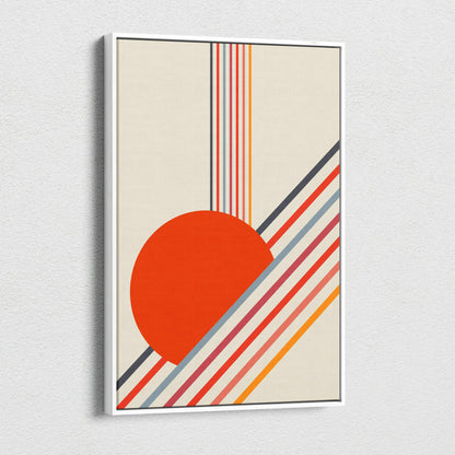 Retro geometric sun minimalist abstract art with bold diagonal stripes in red orange coral neutrals on canvas