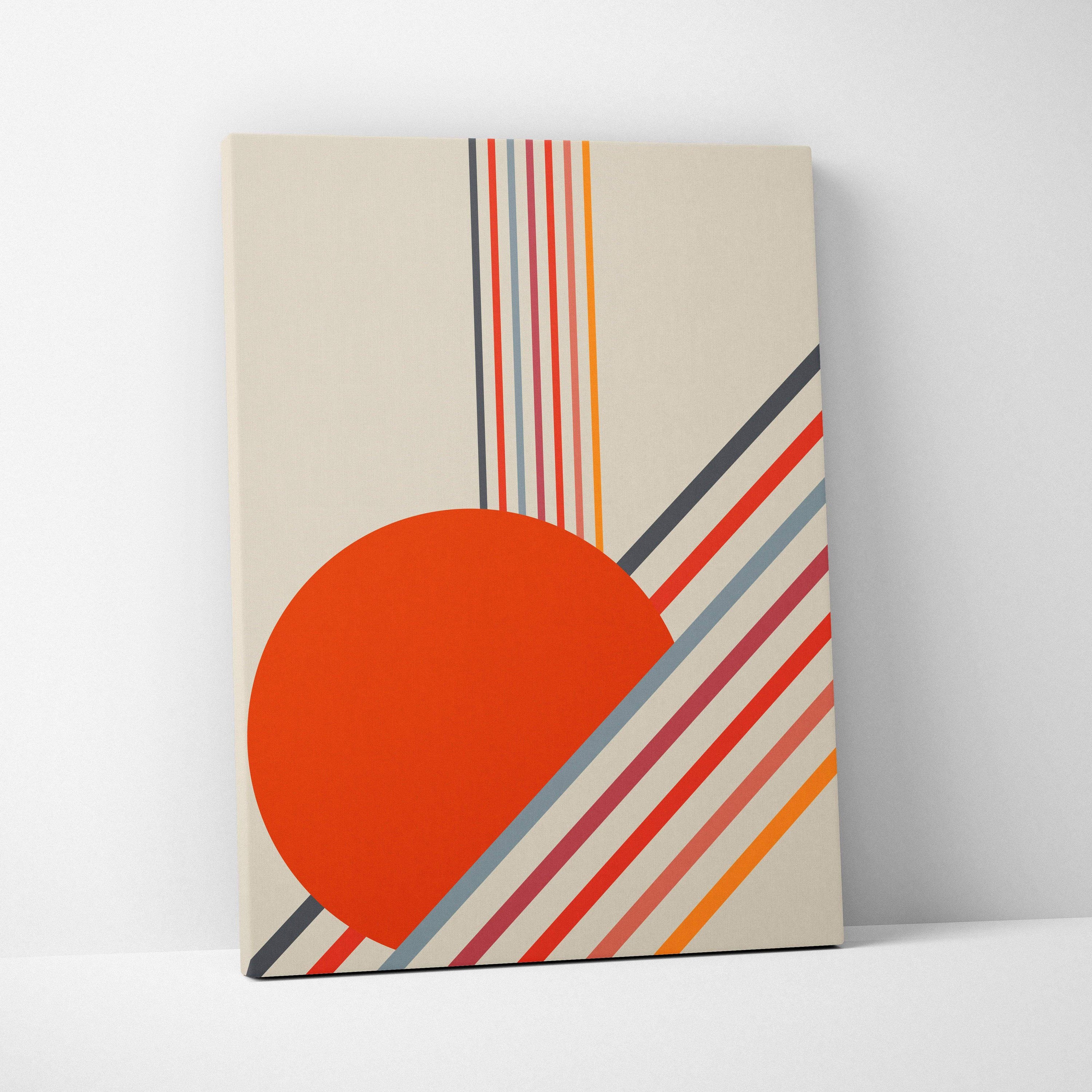 Retro geometric sun minimalist art with bold diagonal stripes in red orange coral neutrals on beige canvas