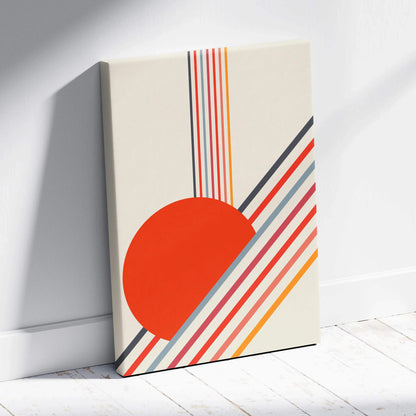 Retro geometric sun minimalist abstract canvas art with bold diagonal stripes in red orange coral neutrals