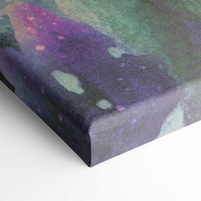 Contemporary crossroads canvas wall art featuring an abstract pastel dreamscape with purples greens and pinks on fabric