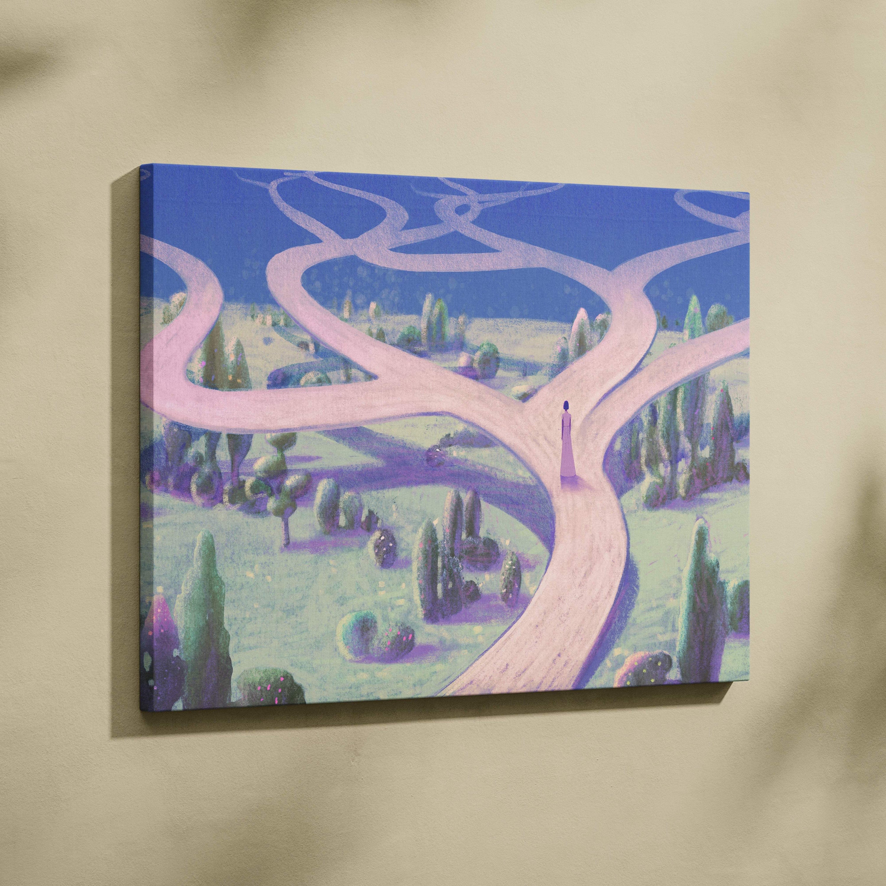 Contemporary crossroads canvas wall art with pastel dreamscape featuring winding pink roads and stylized trees under deep blue sky