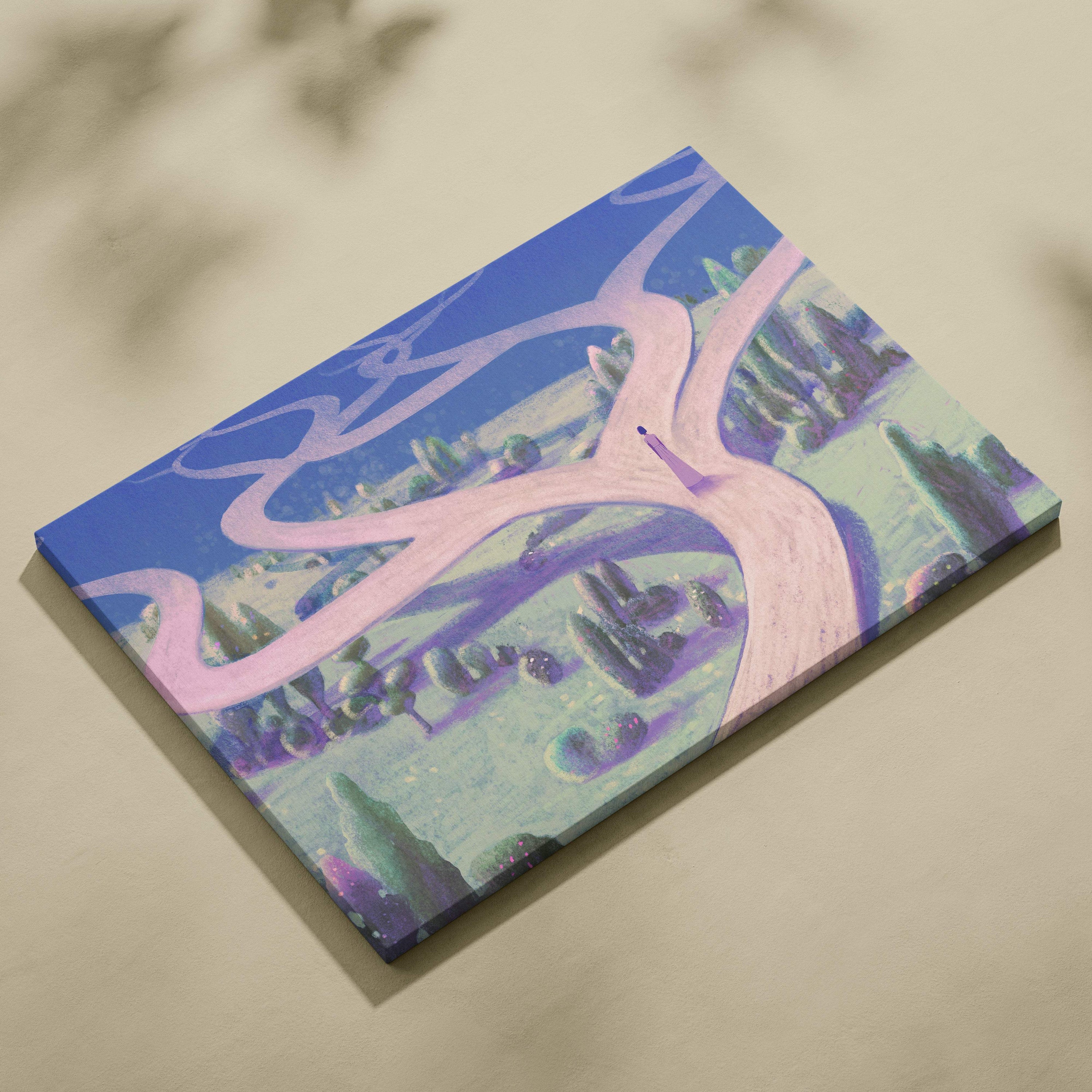 A rectangular contemporary crossroads canvas print with winding pink paths and pastel dreamscape trees under a blue sky