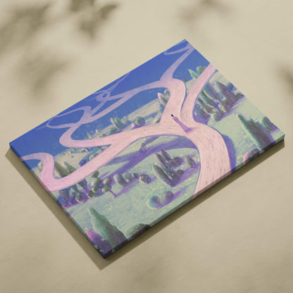 A rectangular contemporary crossroads canvas print with winding pink paths and pastel dreamscape trees under a blue sky