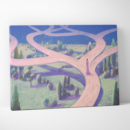 A rectangular canvas print featuring a pastel pink winding roads illustration with a woman at crossroads for modern decor