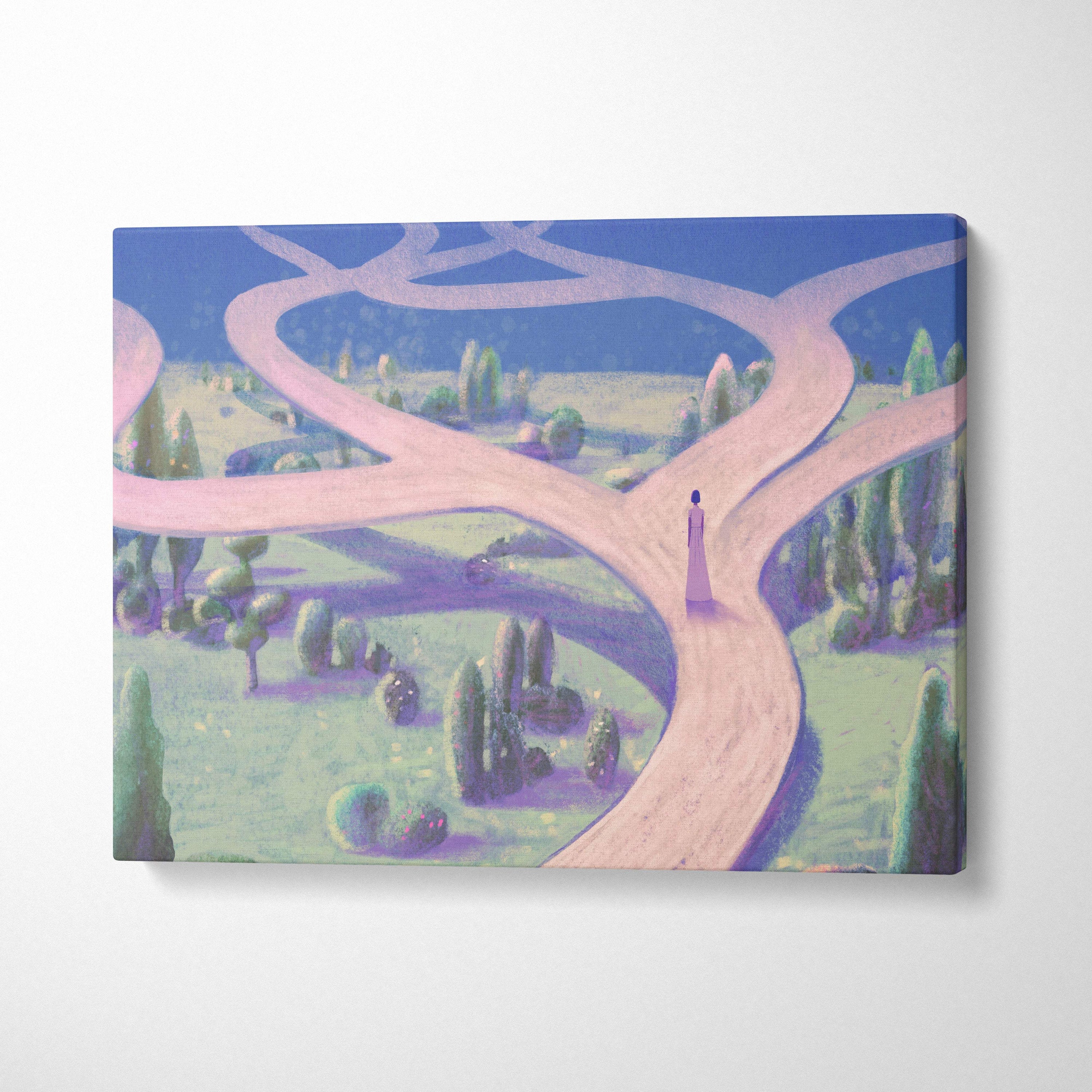 Contemporary crossroads canvas wall art with surreal pink paths green trees and a purple figure under a blue sky