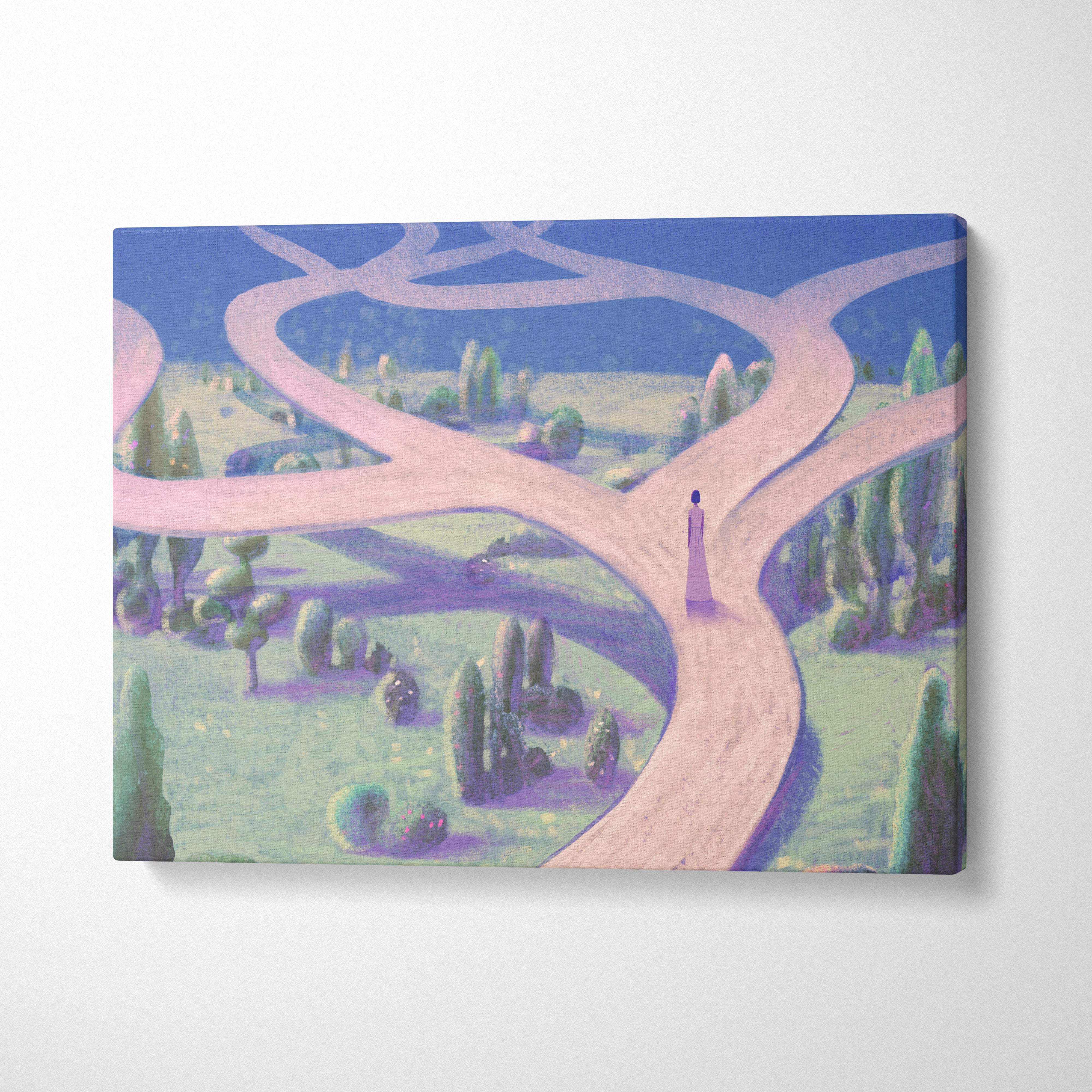 Contemporary crossroads canvas wall art with surreal pink paths green trees and a purple figure under a blue sky