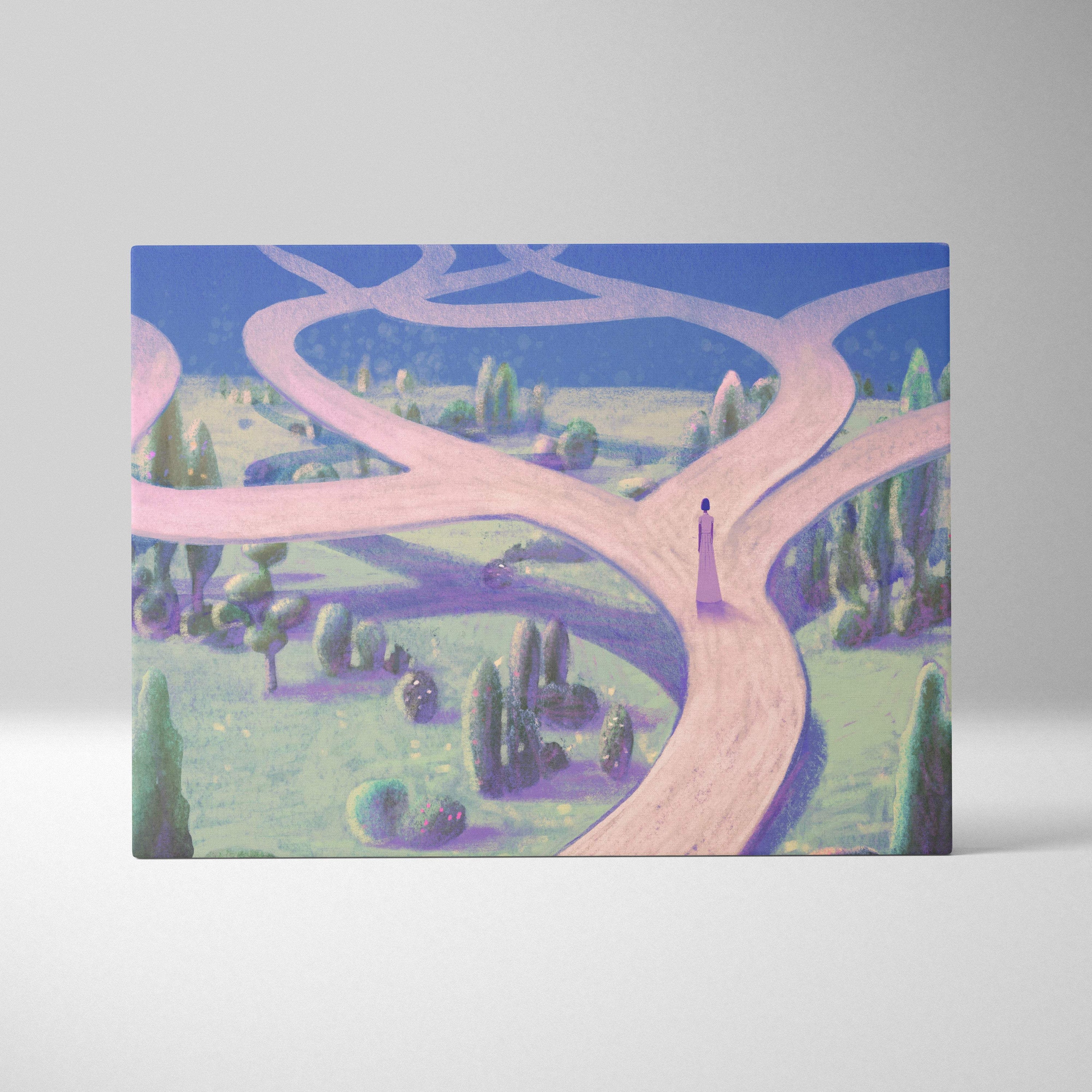Contemporary crossroads canvas wall art depicting a pastel pink and blue surreal landscape with a woman on winding paths