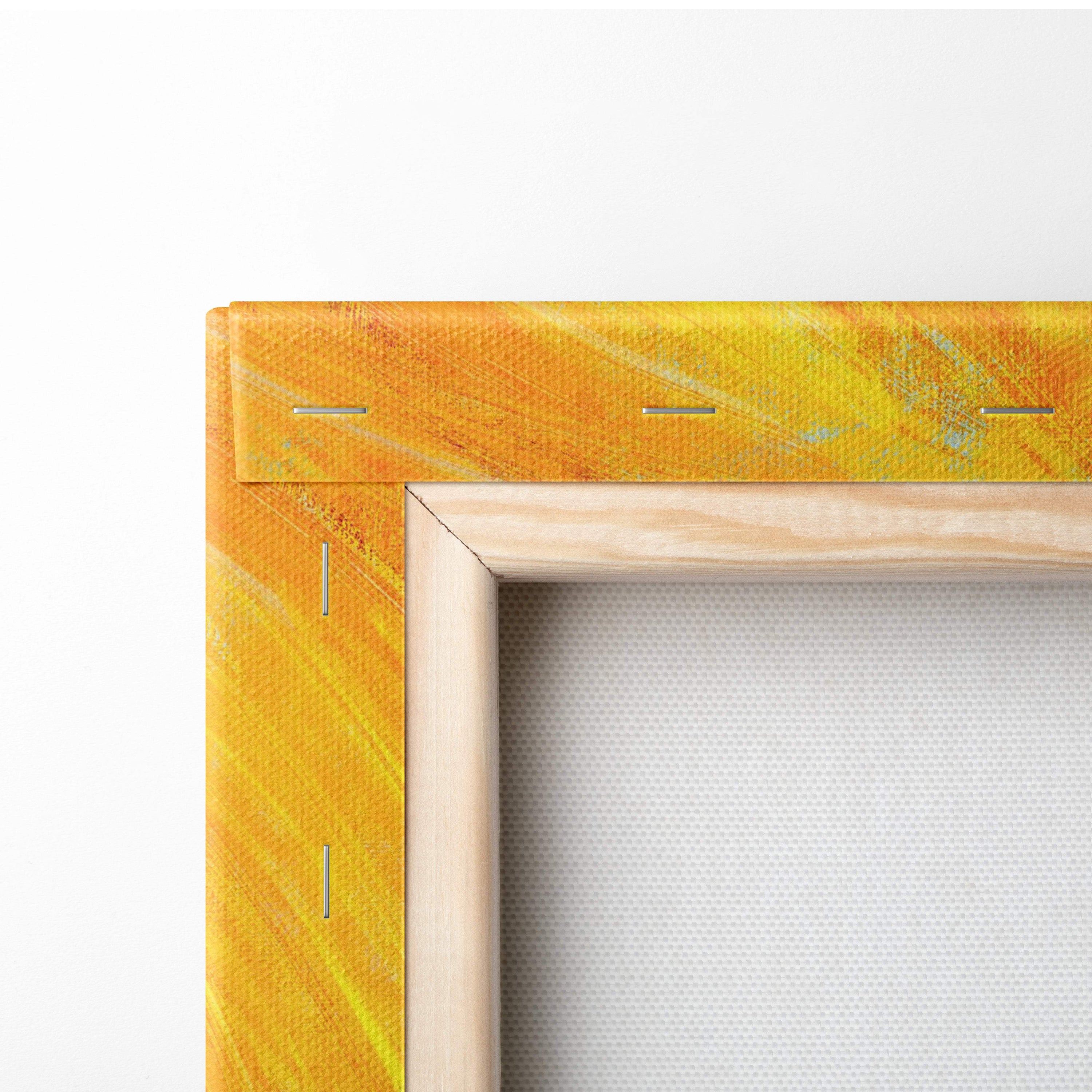 Fiery sunset valkyrie canvas art featuring a vibrant yellow background with visible brushstrokes in a light wood frame