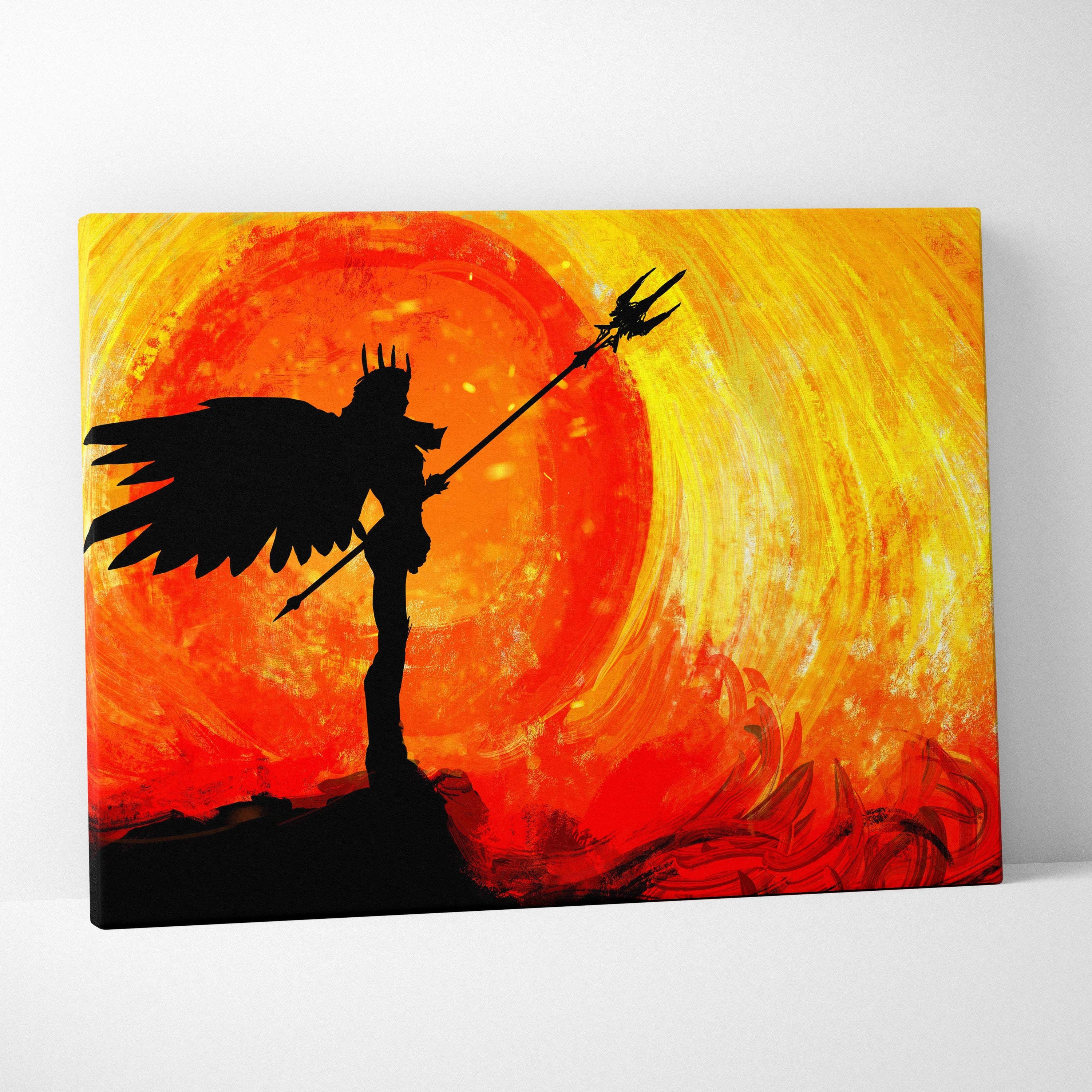 Fiery sunset valkyrie canvas art showing a black angel silhouette with wings and trident on a red orange sunburst background