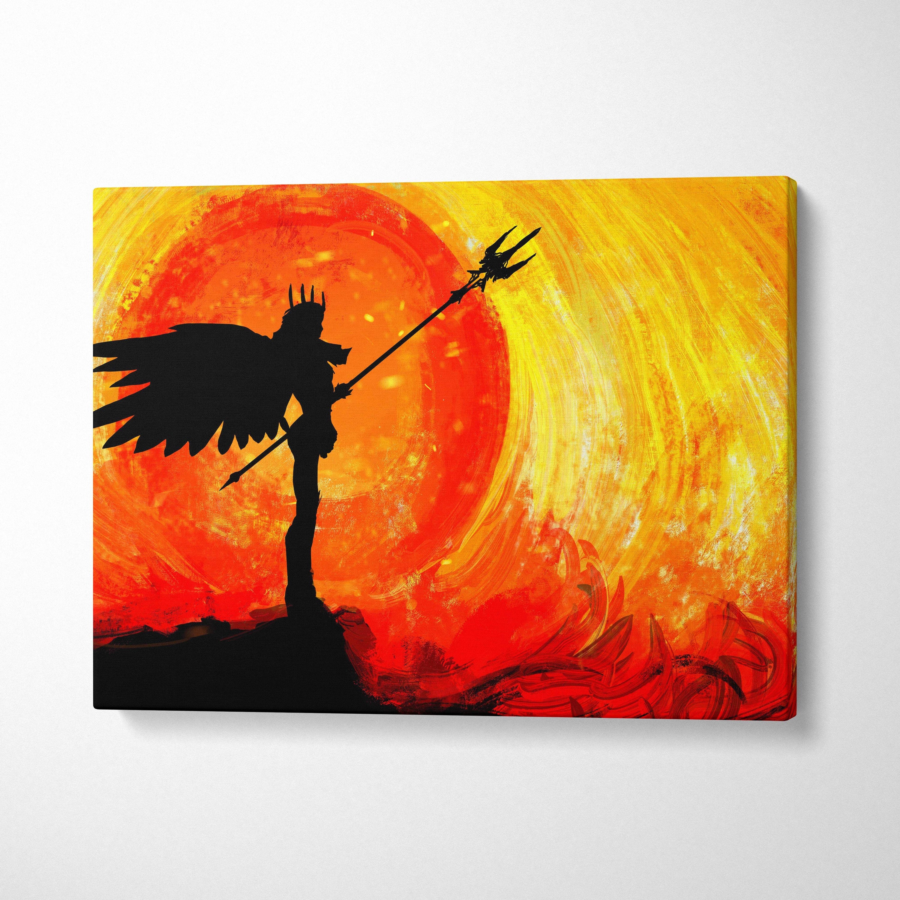 Fiery sunset valkyrie canvas art featuring a black winged warrior silhouette with trident on red orange sunburst background