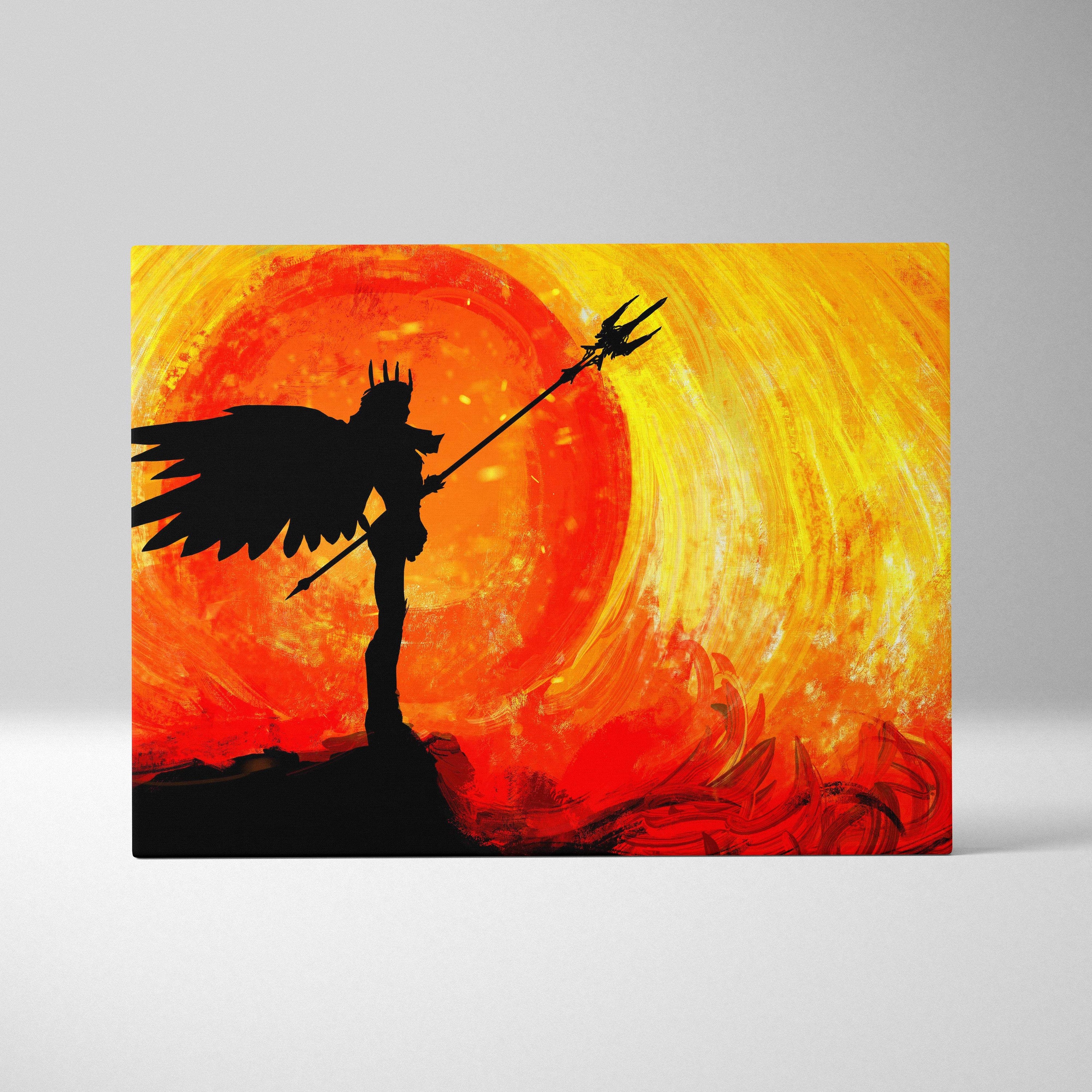 Fiery sunset valkyrie canvas art with vibrant orange and yellow abstract background featuring black winged warrior silhouette holding trident