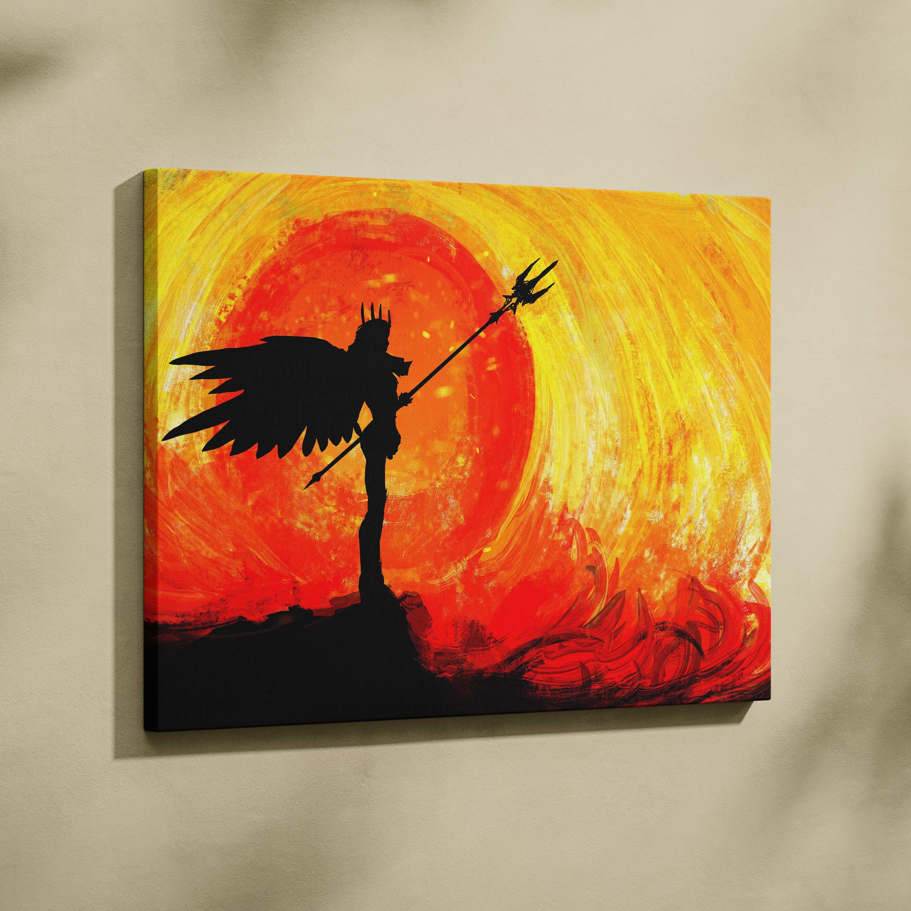 Fiery sunset valkyrie canvas art showing a black winged warrior silhouette with trident on a red orange sunburst background