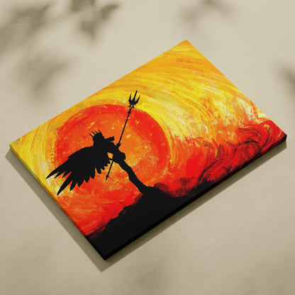 Vibrant canvas painting of a black winged warrior silhouette with trident against orange red sunset backdrop