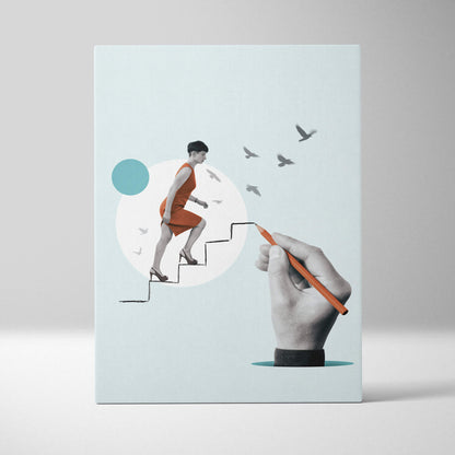 Rectangular canvas print of a woman in an orange dress ascending stairs drawn by a hand with an orange pencil on teal background