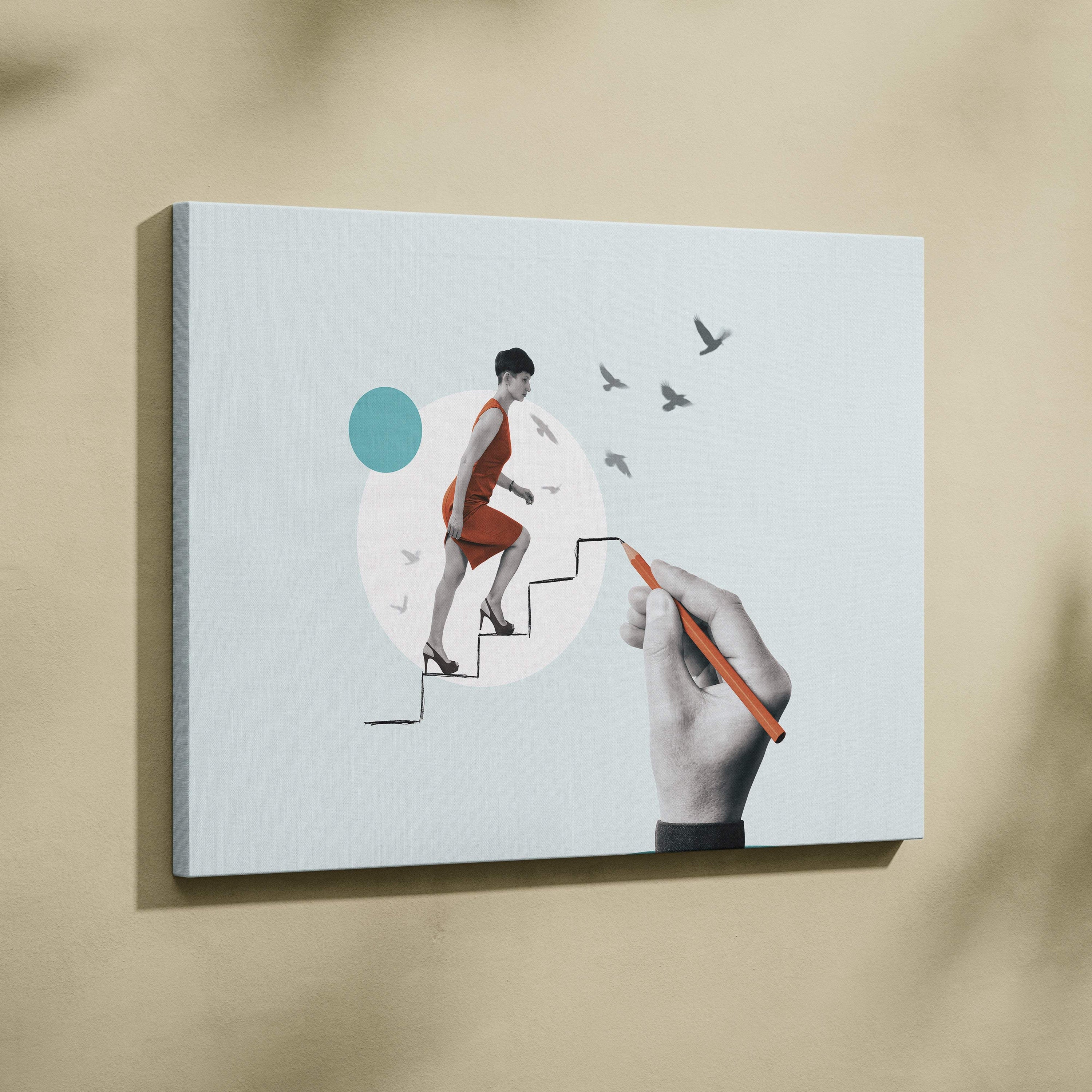 Contemporary woman on stairs canvas wall art with stylized orange dress illustration and hand drawn surreal success path