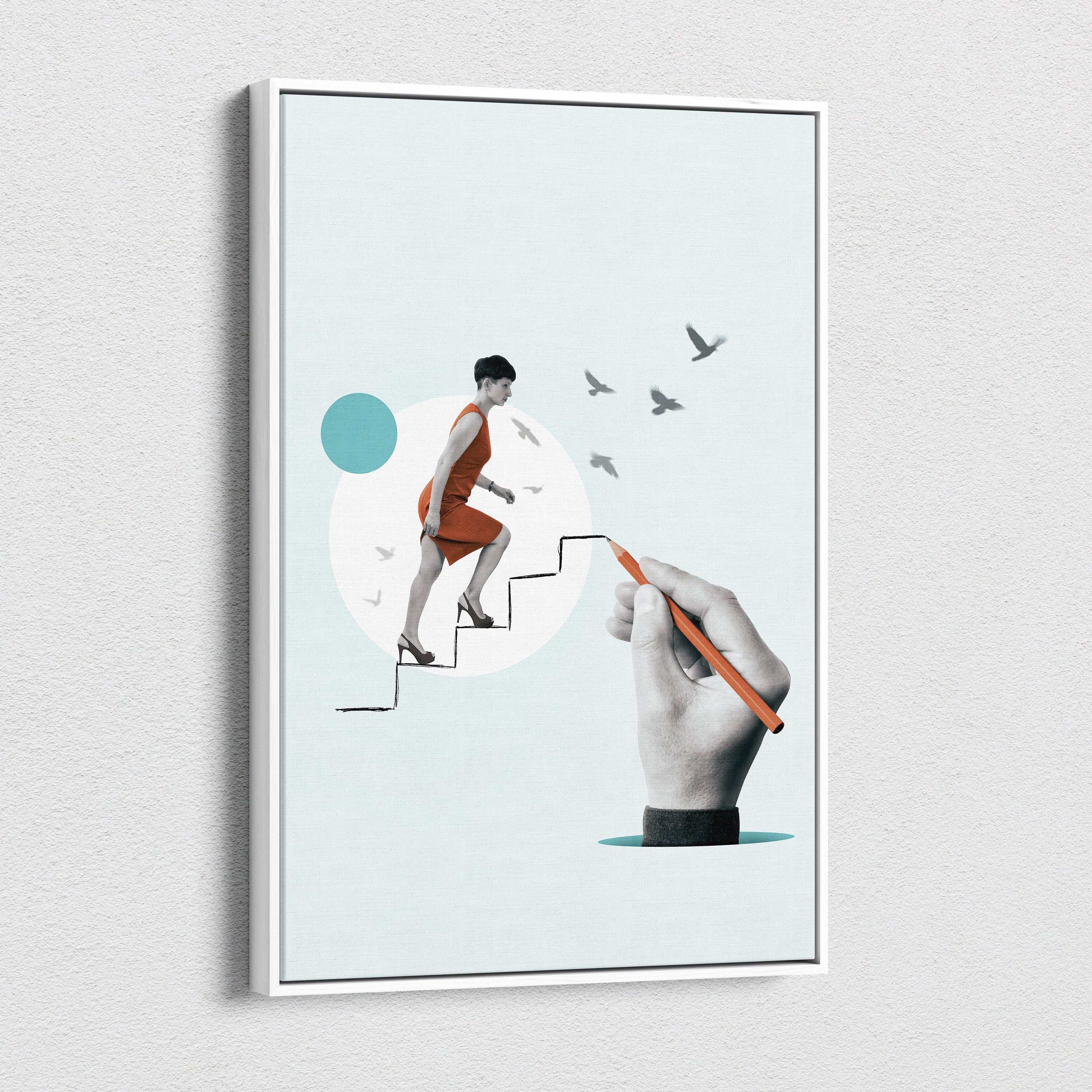 A framed canvas print of a stylized woman in an orange dress ascending stairs drawn by a hand with an orange pencil