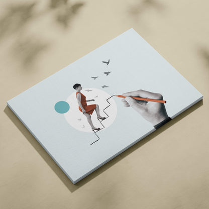 Contemporary woman on stairs canvas wall art with orange teal hand drawn surreal success path for modern office decor