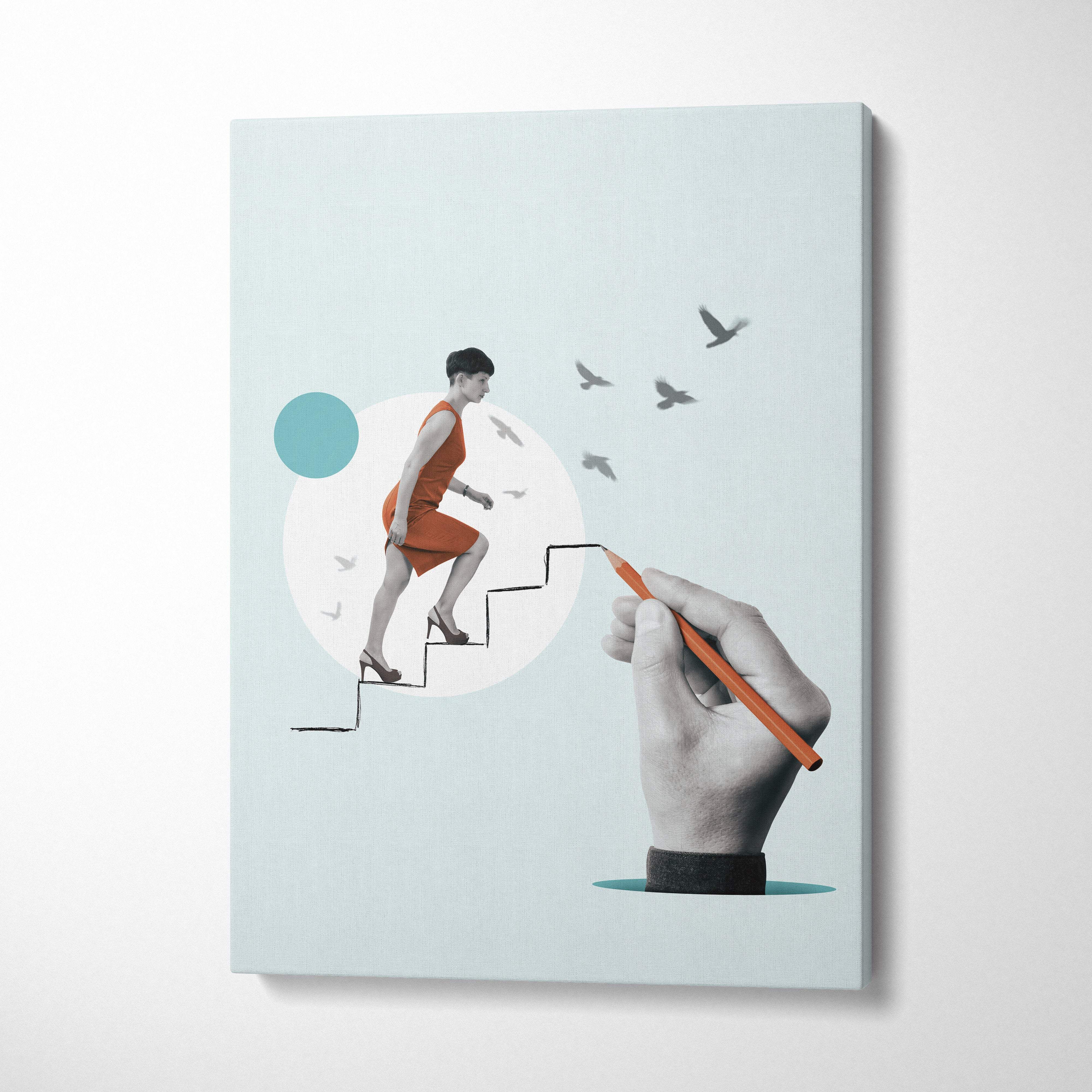 A minimalist canvas print of a woman in an orange dress ascending stairs drawn by a hand with an orange pencil on teal background