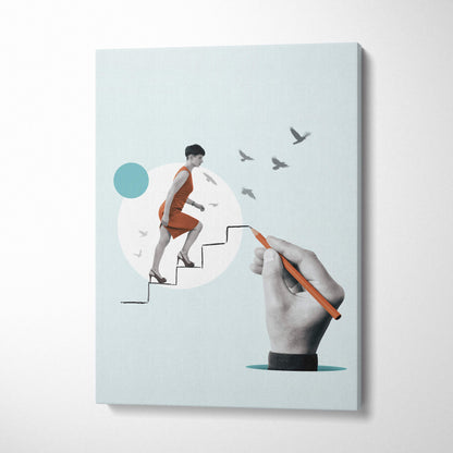 A minimalist canvas print of a woman in an orange dress ascending stairs drawn by a hand with an orange pencil on teal background