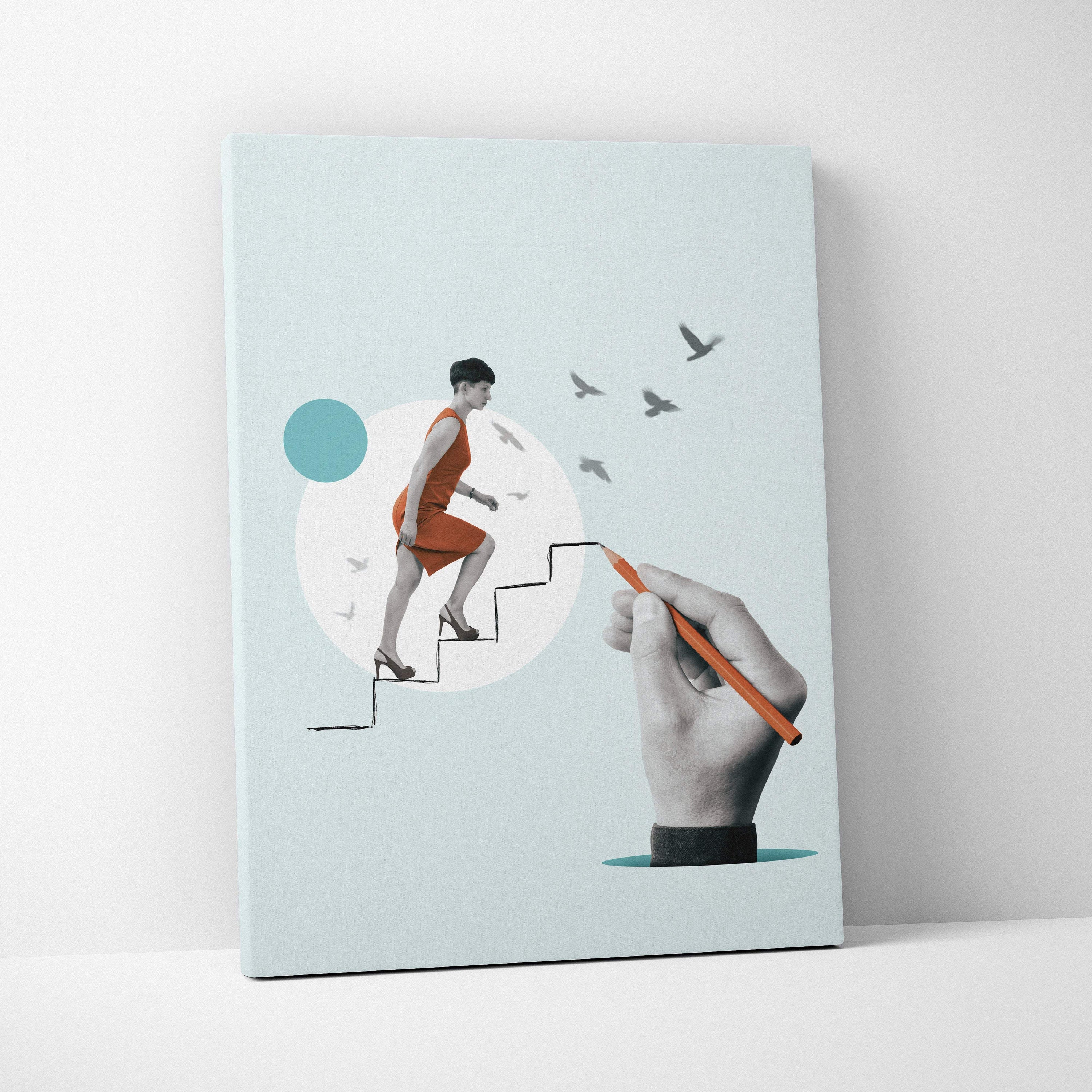 A light blue canvas print with a hand drawn orange dress woman ascending stairs and birds for modern office decor