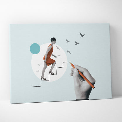 Contemporary woman on stairs canvas wall art with orange dress and teal background hand drawn surreal success print