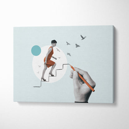 Contemporary woman on stairs canvas wall art with hand drawn orange dress and teal career success motifs on light blue