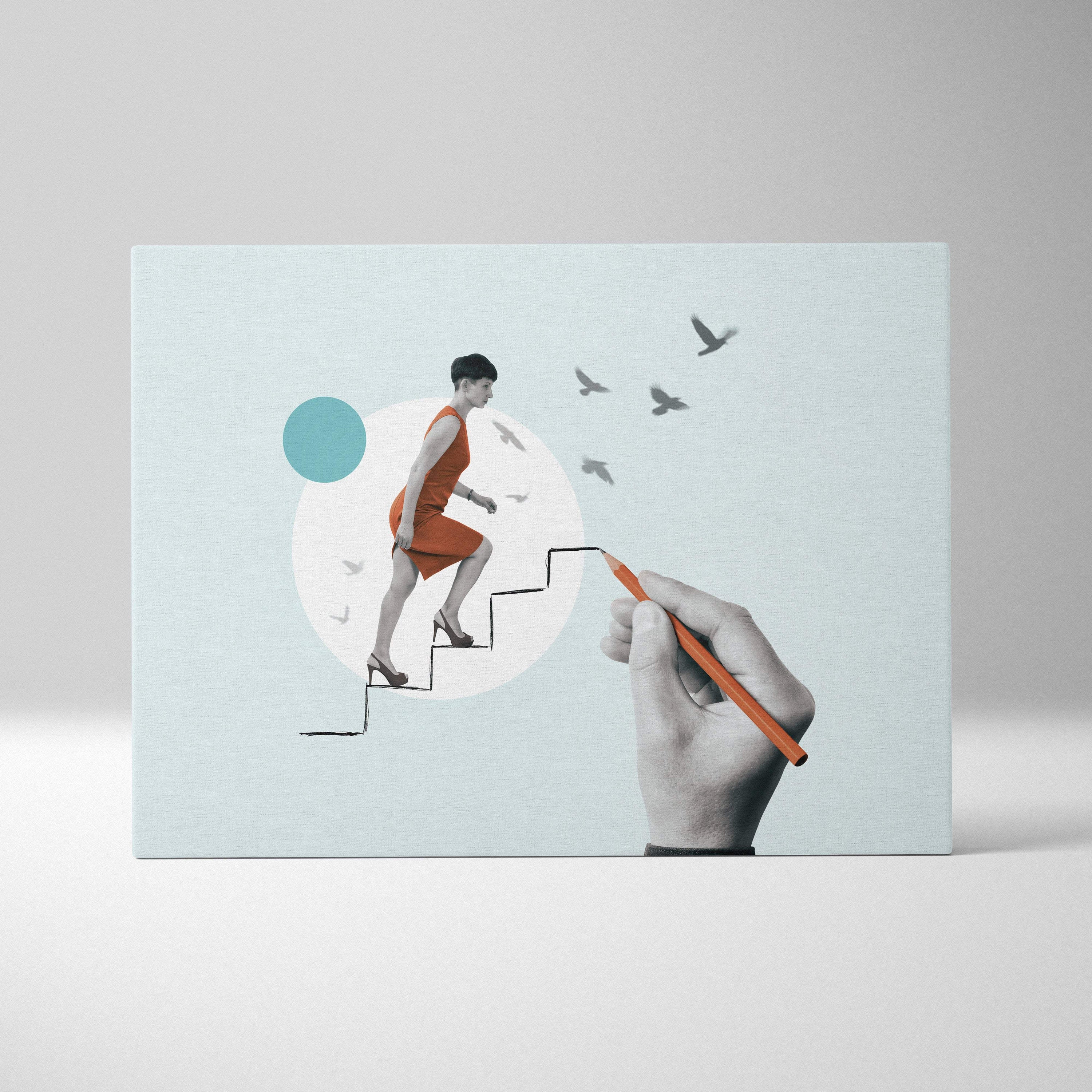Hand-drawn contemporary woman on stairs canvas wall art in orange and teal with birds flying for modern office decor