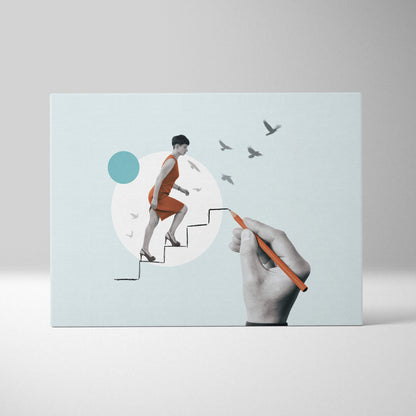 Hand-drawn contemporary woman on stairs canvas wall art in orange and teal with birds flying for modern office decor