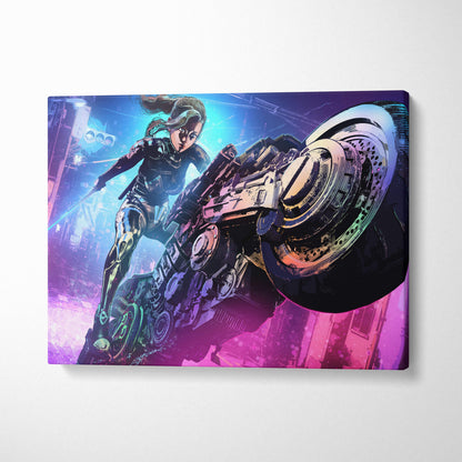 Vibrant neon pink and blue cyberpunk canvas art of a futuristic female rider on a metallic motorcycle in a synthwave cityscape