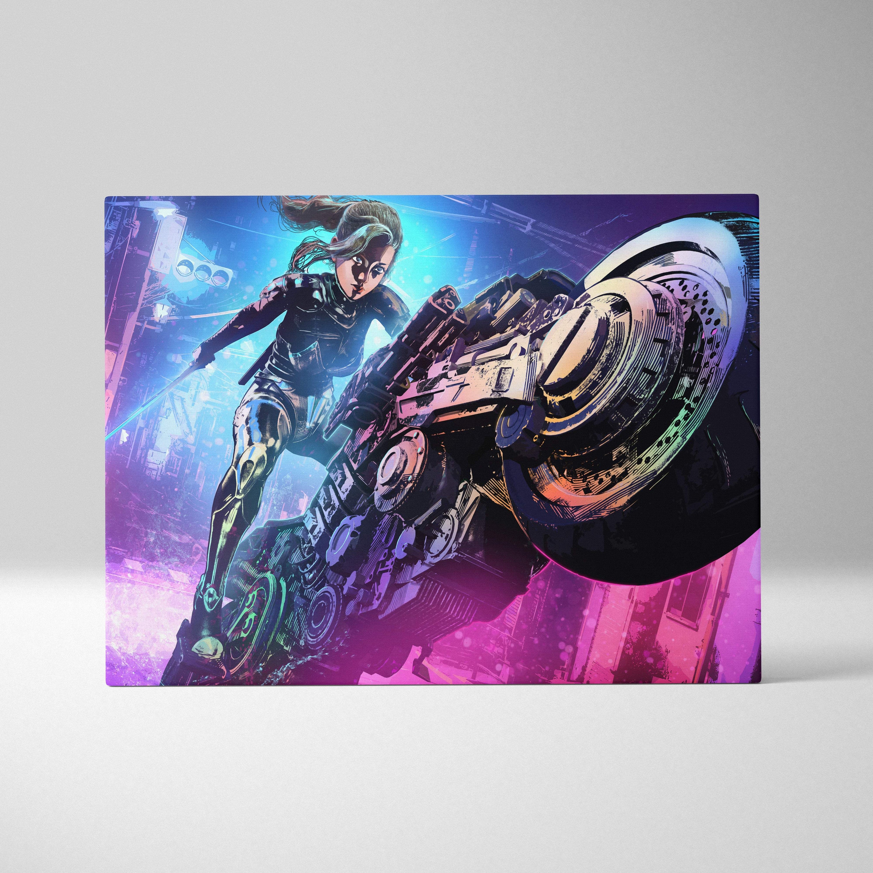Vibrant neon-lit canvas print of a futuristic female rider in black armor on a chrome motorcycle with purple and blue accents