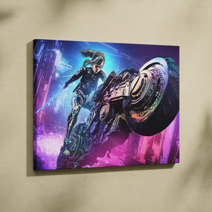 Vibrant neon pink and blue cyberpunk canvas print featuring a futuristic female rider on an advanced motorcycle