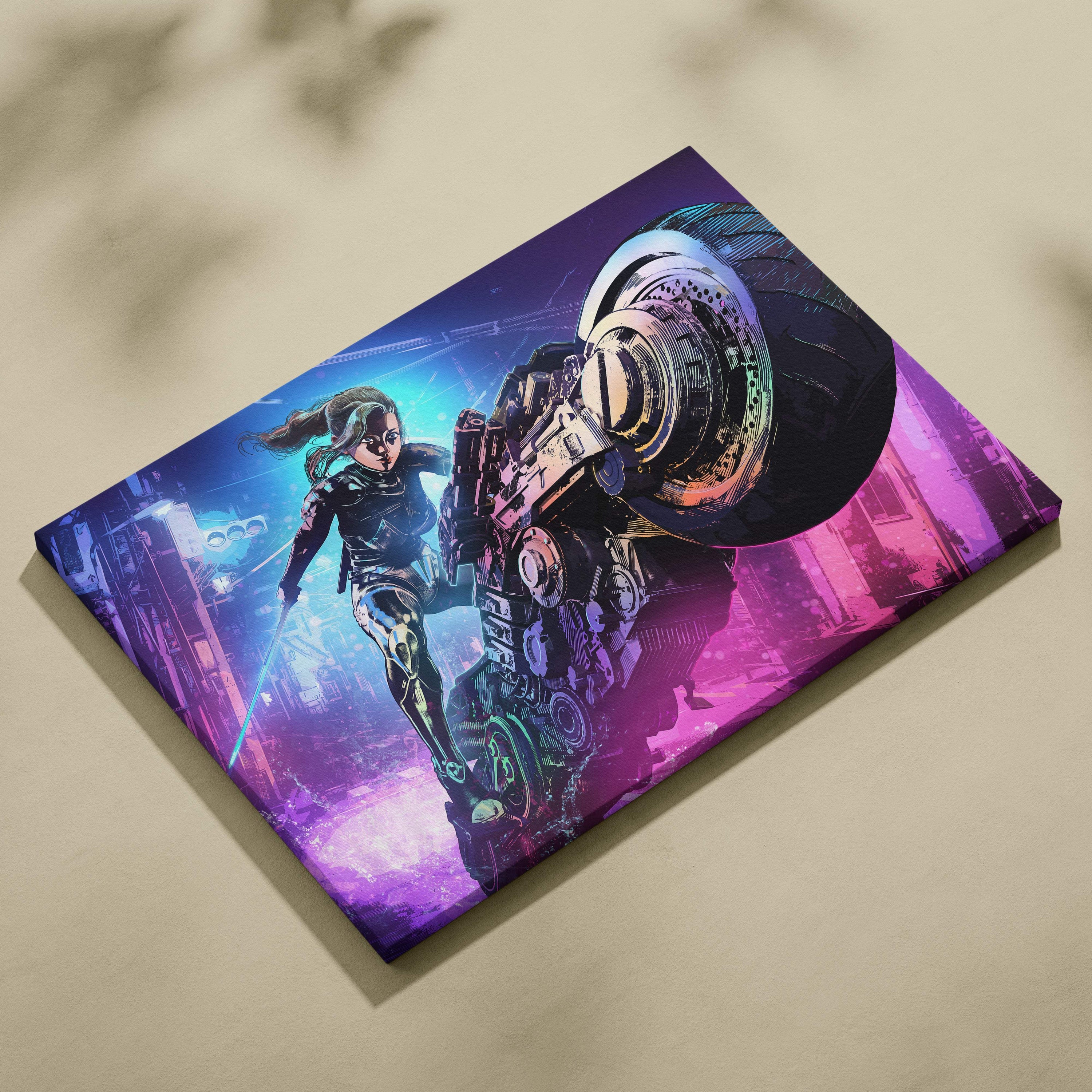 Vibrant neon-pink and blue cyberpunk canvas art of a female sci-fi biker in black armor riding a mechanical motorcycle