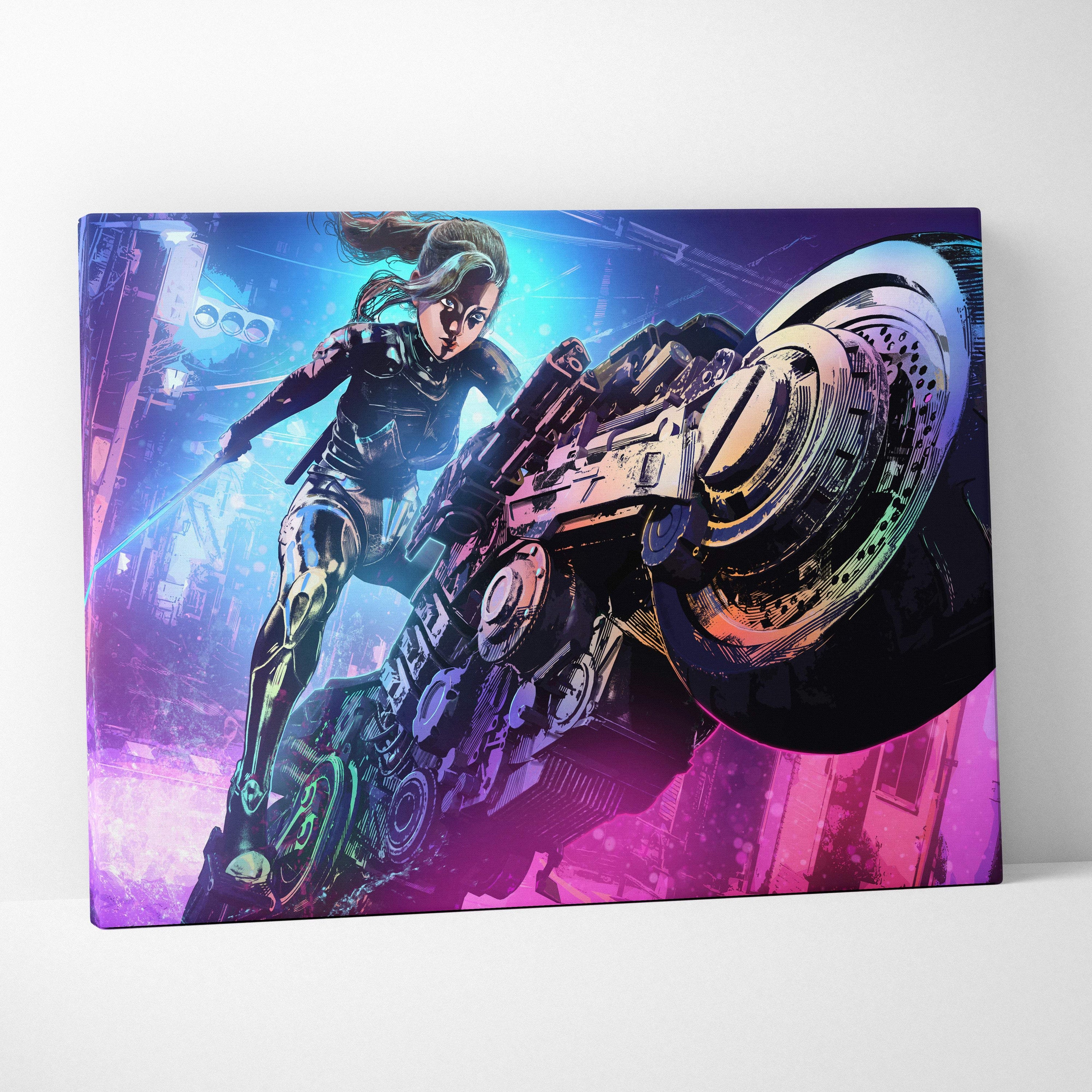 Vibrant neon-pink and blue cyberpunk canvas art featuring a futuristic female rider on a metallic motorcycle