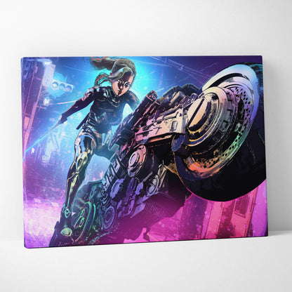 Vibrant neon-pink and blue cyberpunk canvas art featuring a futuristic female rider on a metallic motorcycle