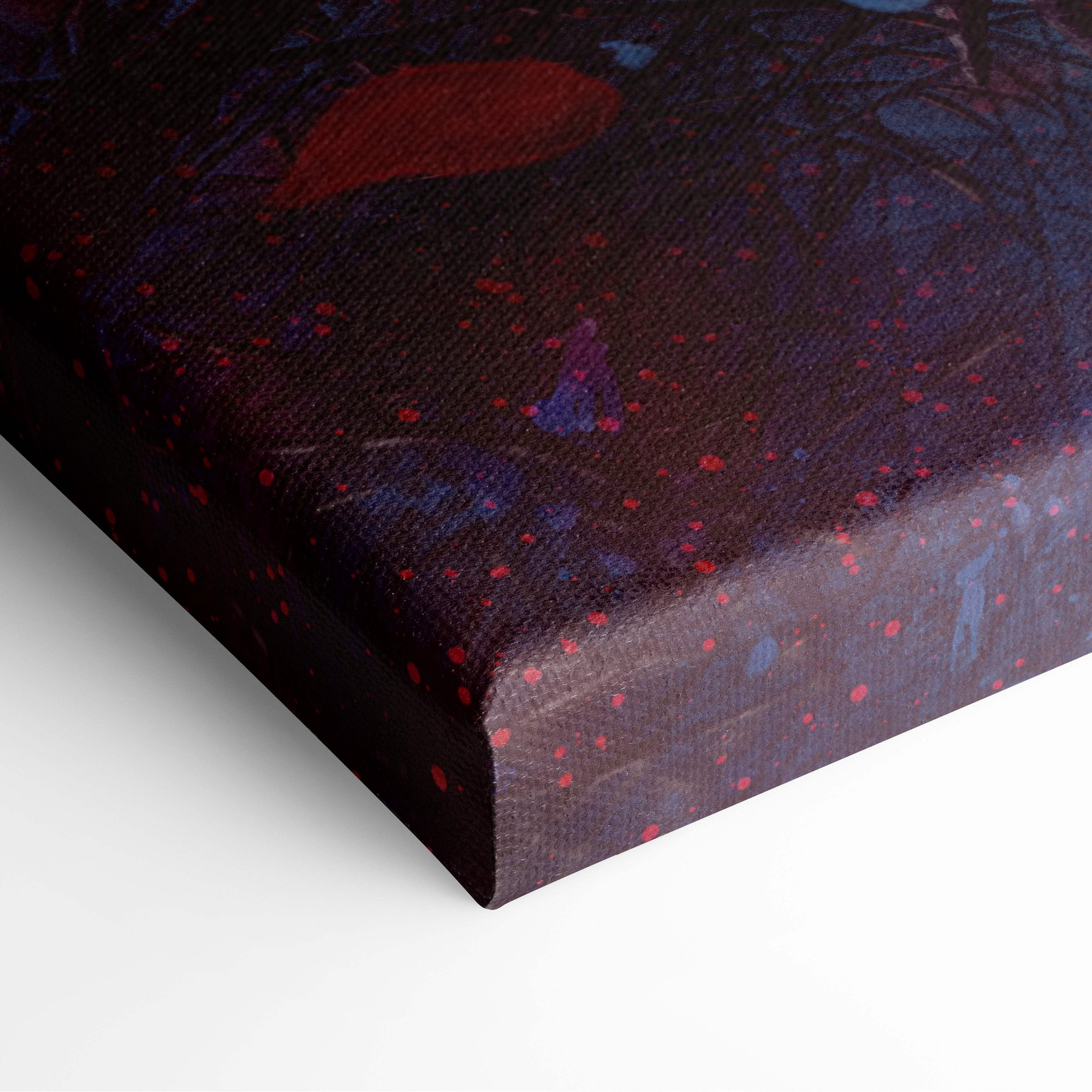 Dark canvas print featuring a textured abstract design with red and blue speckles on a deep purple background for gothic decor