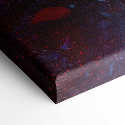 Dark canvas print featuring a textured abstract design with red and blue speckles on a deep purple background for gothic decor