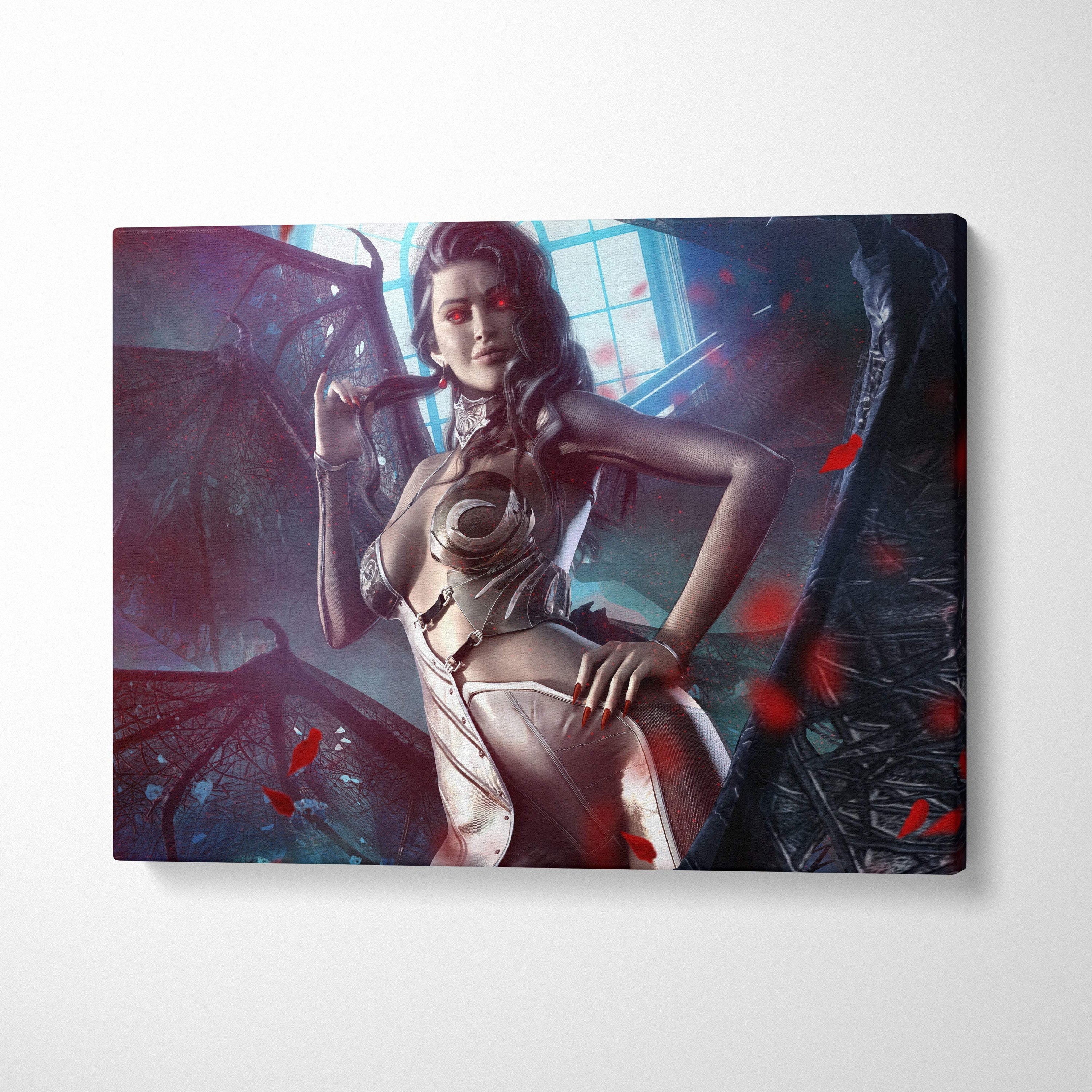Dark succubus queen canvas art featuring a stylized female with red eyes and metallic armor against wings and rose petals