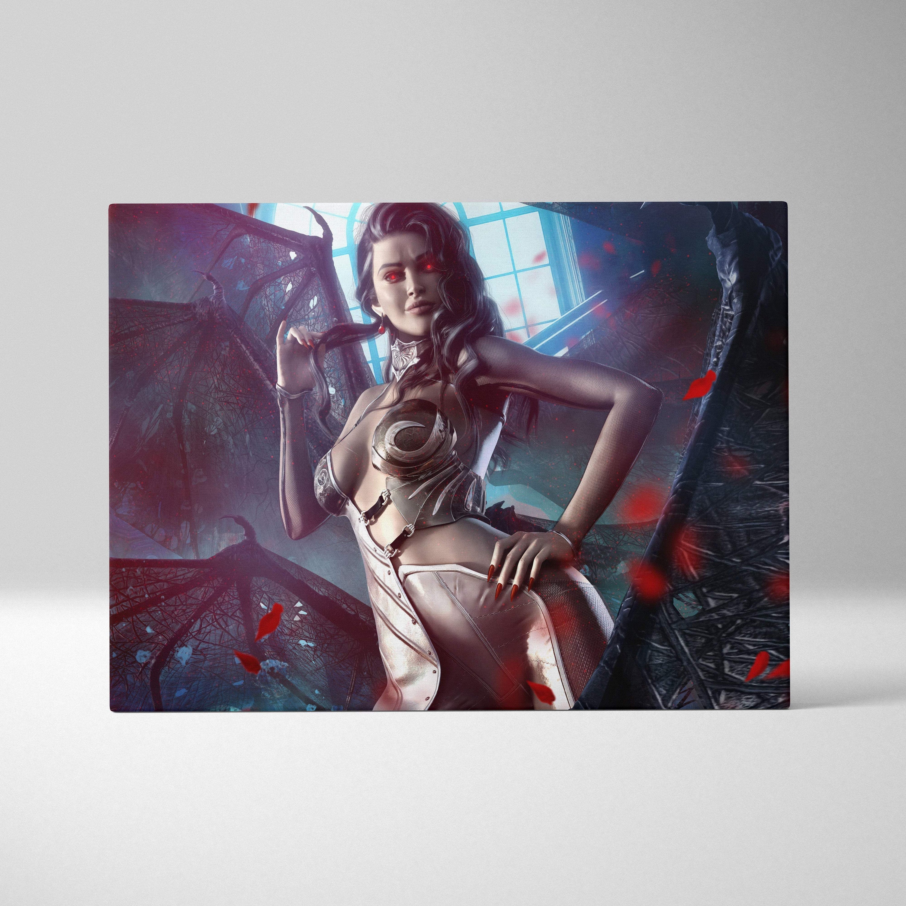 Dark succubus queen canvas art dark fantasy woman with red eyes metallic armor holding winged object on cathedral wall