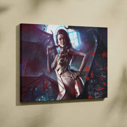 A framed canvas print of a dark succubus queen with red eyes and metallic armor holding an umbrella against a gothic backdrop