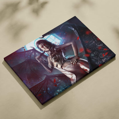 Dark succubus queen canvas art featuring a woman with red eyes black wings and silver armor on moody blue cathedral wall decor