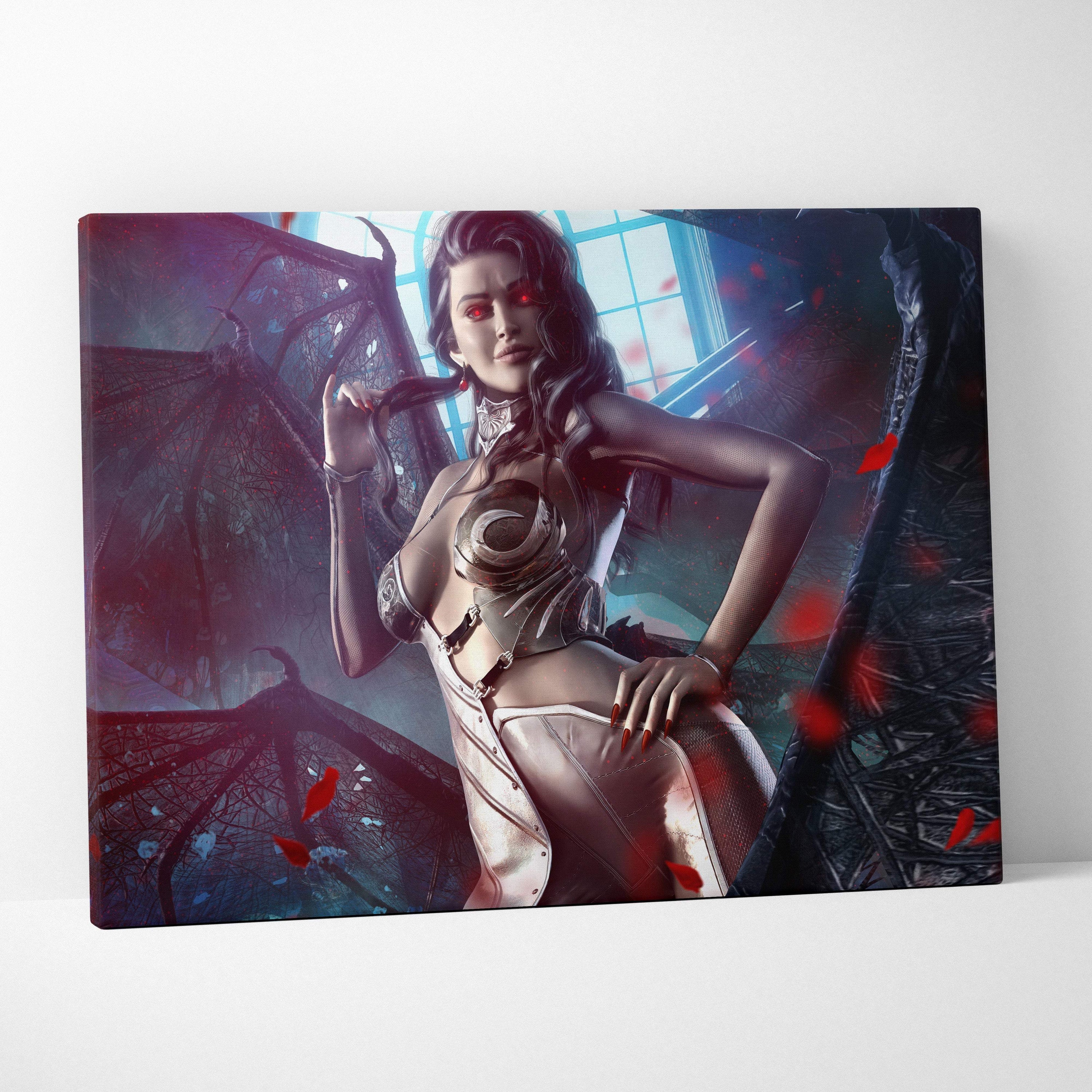 Dark succubus queen canvas art of a dark fantasy woman with red eyes metallic armor and gothic cathedral backdrop