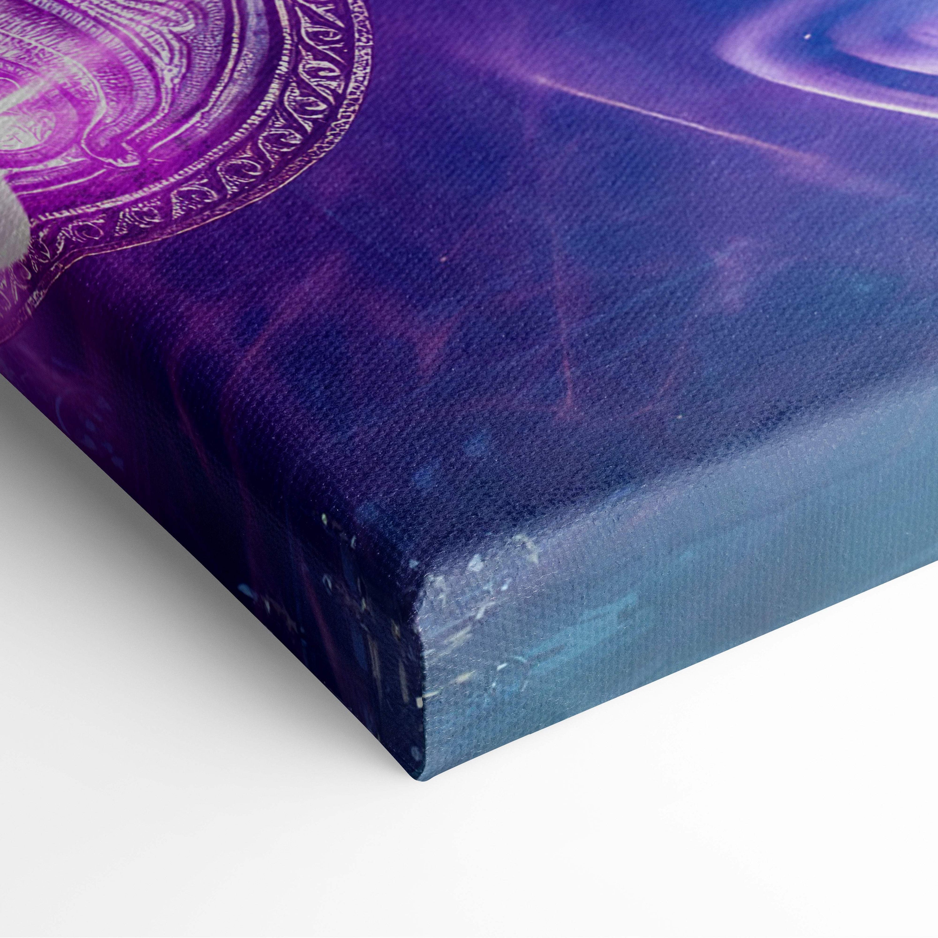 Arcane dark elf mage canvas art featuring a purple and blue gradient print with intricate white circular design