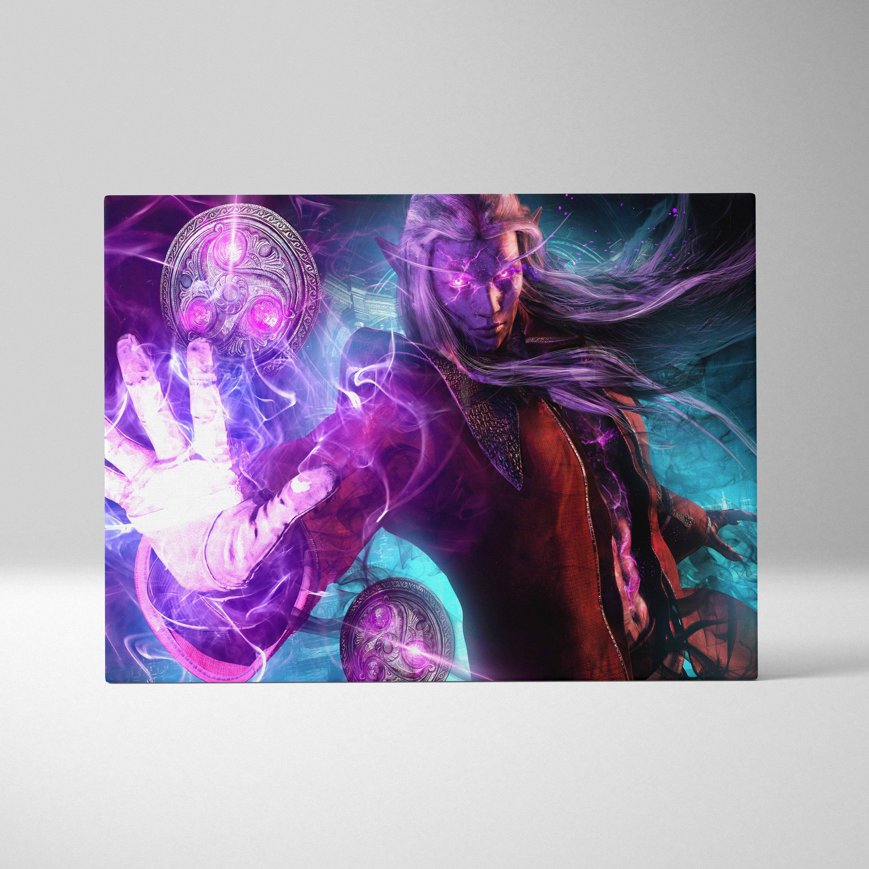 Arcane dark elf mage canvas art featuring vibrant purple and teal fantasy elf with glowing eyes and magical runes