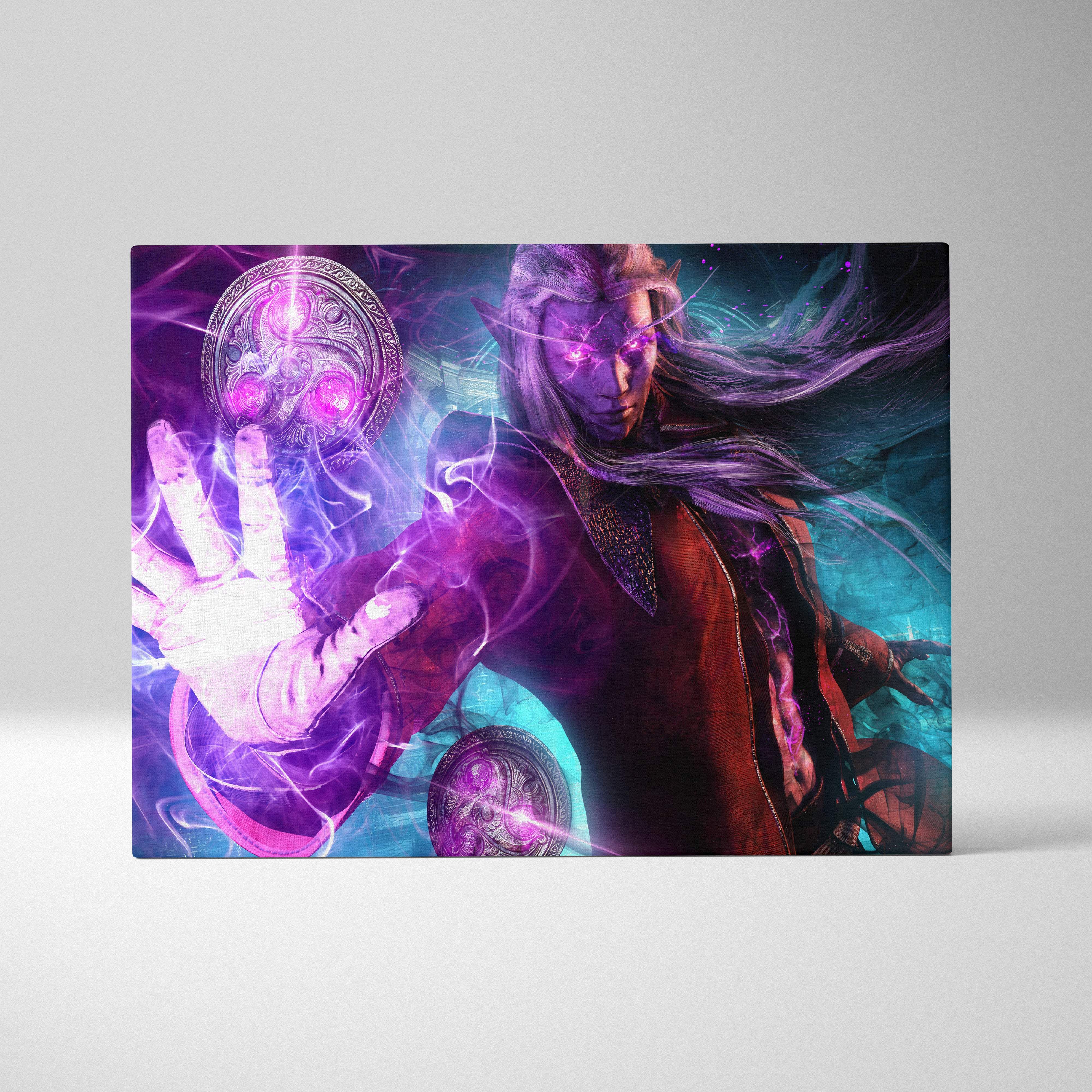 Arcane dark elf mage canvas art featuring vibrant purple and teal fantasy elf with glowing eyes and magical runes