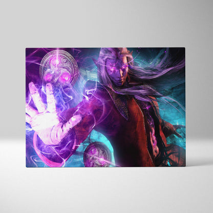 Arcane dark elf mage canvas art featuring vibrant purple and teal fantasy elf with glowing eyes and magical runes