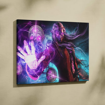 Vibrant fantasy canvas print of arcane dark elf mage with long silver hair glowing purple eyes and swirling magenta energy
