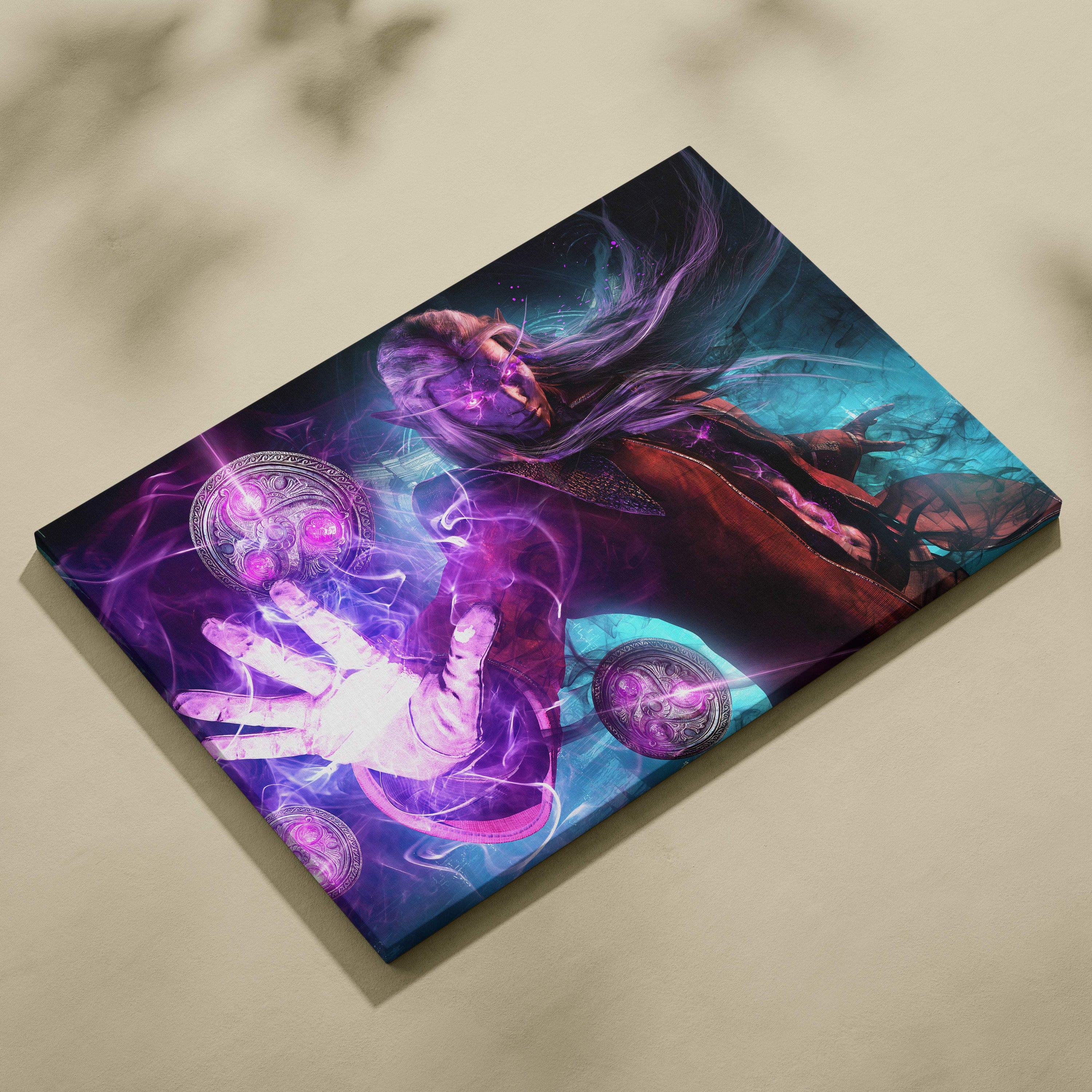 Vibrant arcane dark elf mage canvas art featuring a purple magic sorcerer with glowing pink eyes and swirling runes